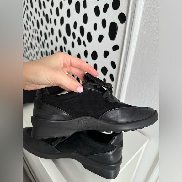 CHANEL Women's Black Leather Suede Long Tongue Sneakers - Picture 8 of 12